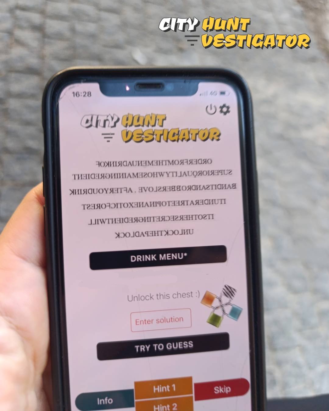 Tourist solving a task on the app displayed on a smartphone screen